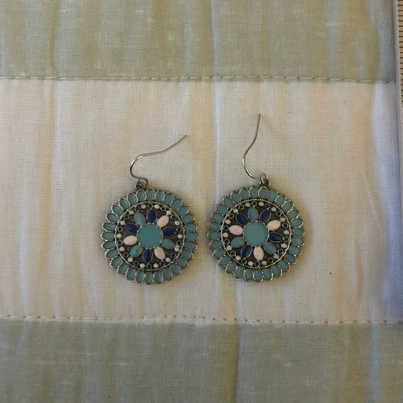 Blue and pink round enamel earrings - Picture 1 of 4